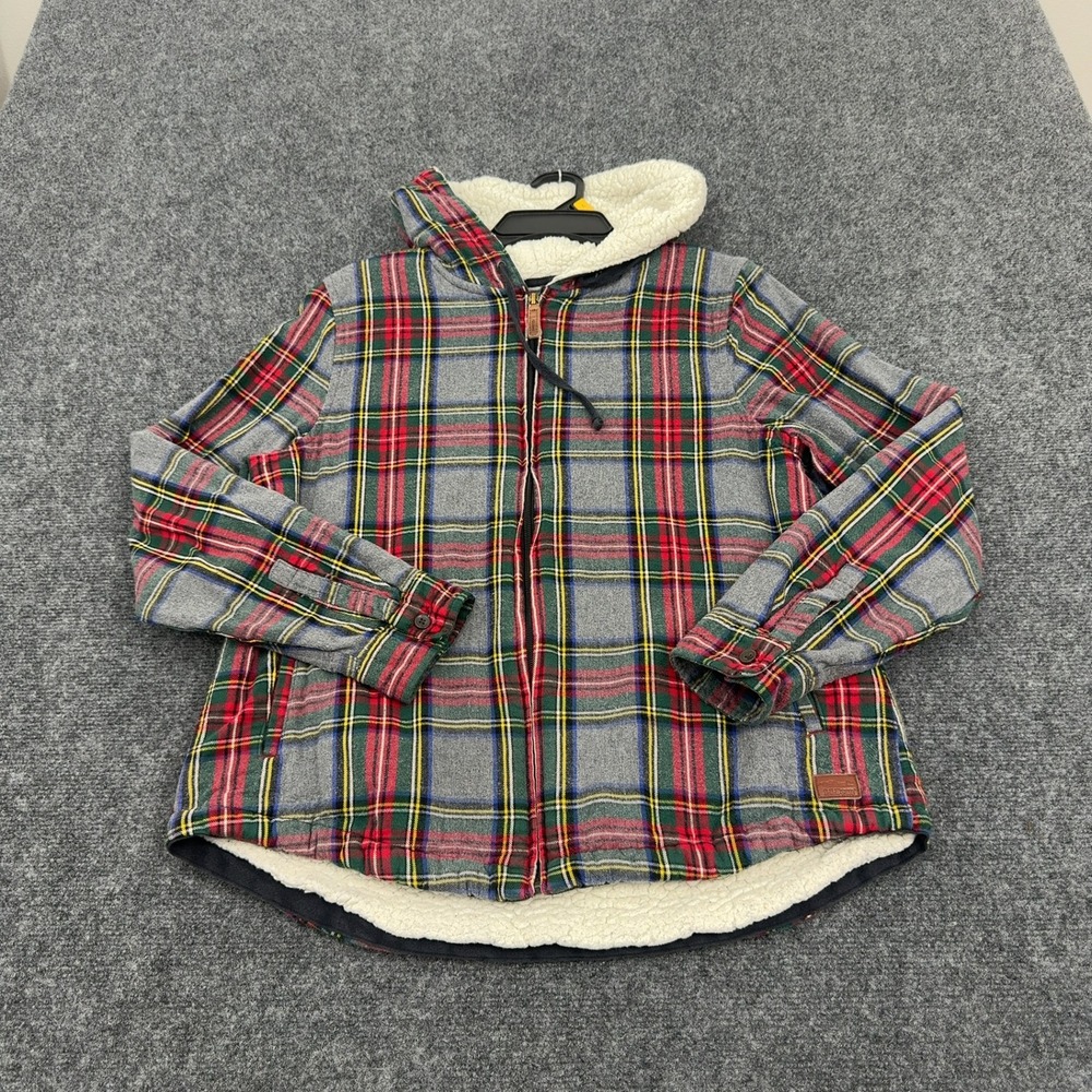 LL Bean Hoodie Jacket S Gray Cotton Plaid Sherpa Lined Full Zip Casual Outdoor